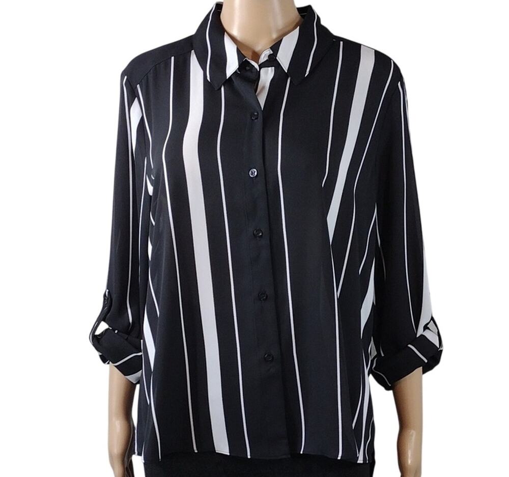 INC International Concepts Blouse Women’s Large Black White Stripe Button Down